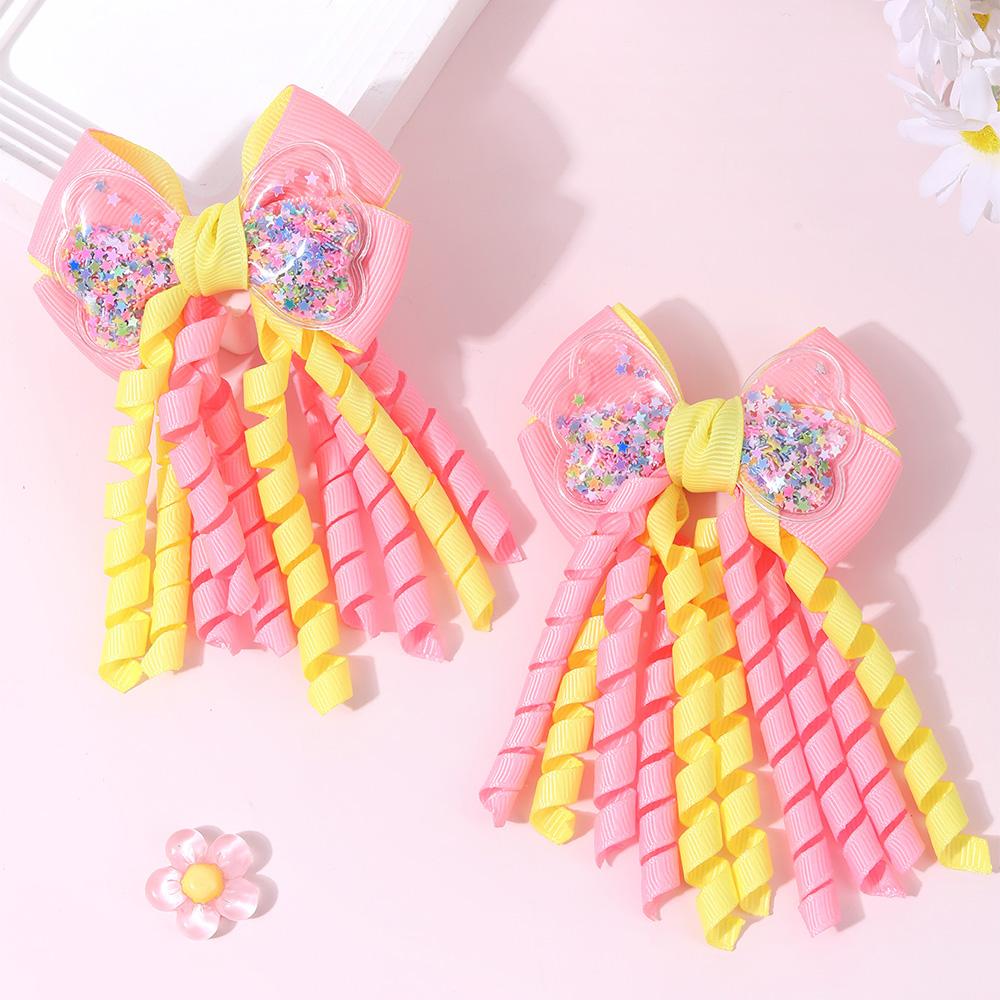 2Pcs Sweet Star Hair Clips Cute Stars Quicksand Tassel Ribbon Curly Bow Hairpin For Baby Girls Children Headdress Accessories