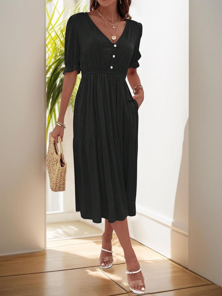 2025 European & American Summer Women's V-neck Solid Color Waist-cinching Dress