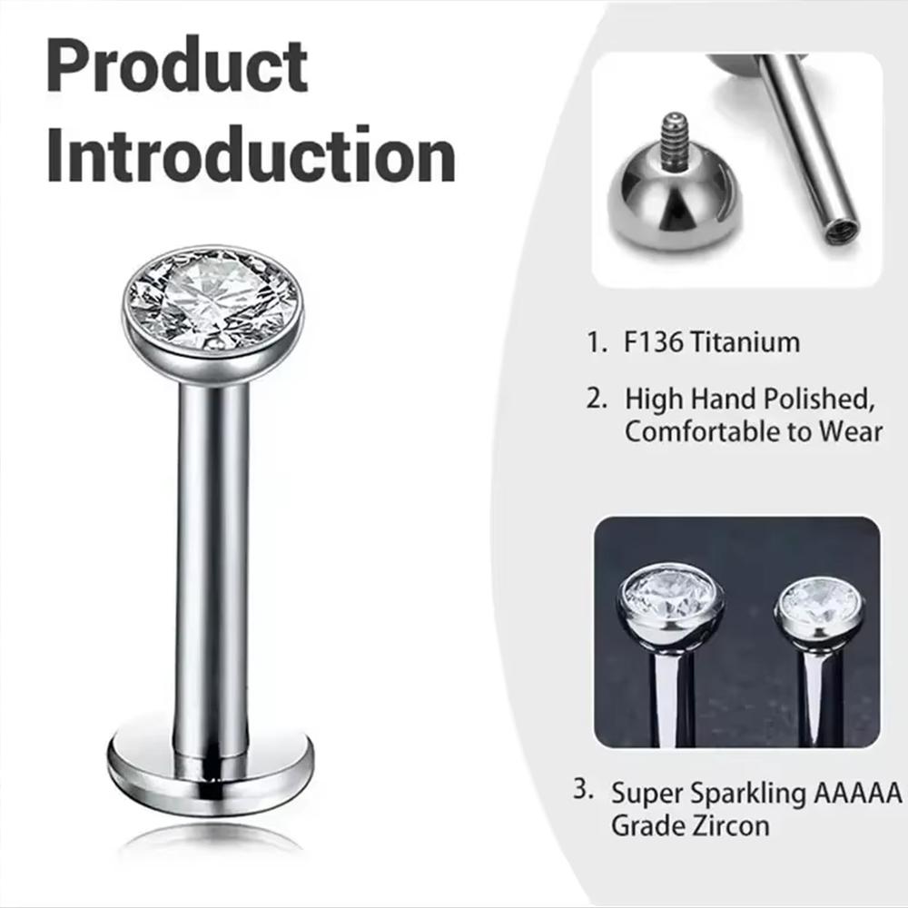 10Pc ASTM F136 G23 Titanium Labret Ear Lip Stud Jewelry CZ Stone Cartilage Tragus Earring Tongue Studs Threaded Body Jewelry