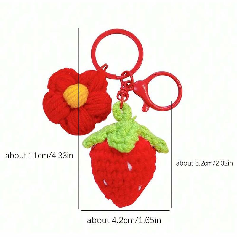 Cute Hand Woven Woolen Strawberry Flower Keychain Car Key Jewelry Pendant Women's Bag Decoration for Girls Gift