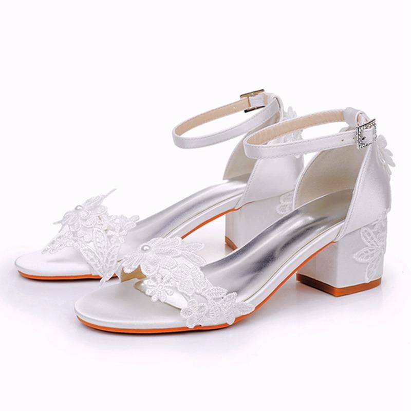 5cm Square Heel Sandals White Lace Flower Bridal Shoes Women