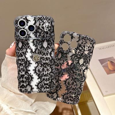 Niche Černá Krajka Kompatibilní s iPhone 16 Pro Max Apple 17 Pouzdro na Telefon 14/15 Vlnité Pouzdro IMD Třpytivé