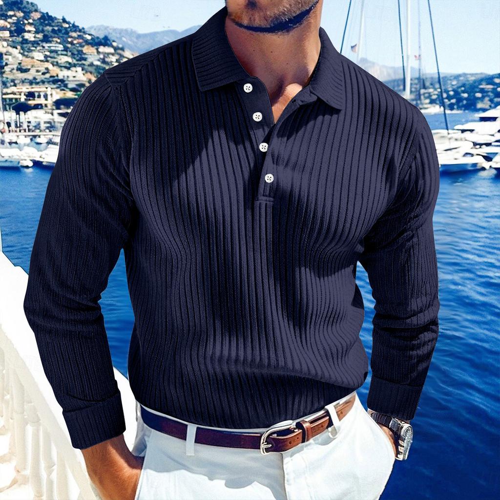 Men's Solid Color Vertical Stripes Sports Button Lapel Long Sleeve Tops Men's Casual Fashion Long Sleeve Tops