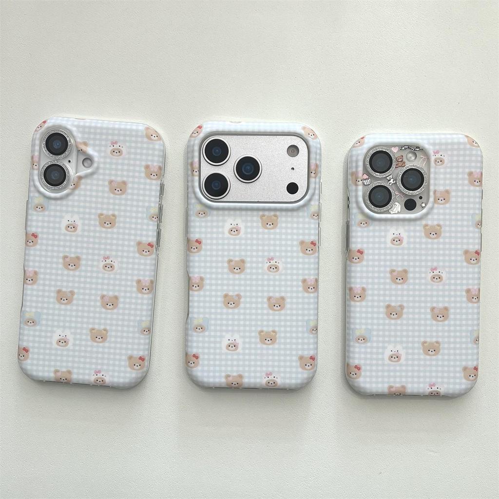 Plaid Little Bear Stand iPhone 14/13 & Apple 17/16/15 PROMAX Anti-fall Case