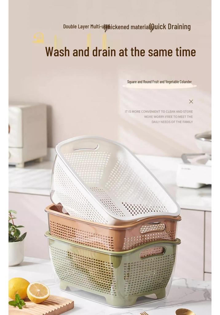 Multi-Functional Large Capacity Double-Layer Draining Basket for Vegetables & Fruits