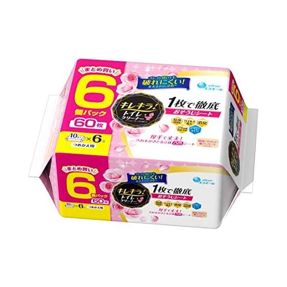 Elleair Kirekira! Refill Toilet Cleaner Happy Rose Scent 60 Sheets (10 Sheets x 6) Thorough Cleaning Sheet in 1 Bulk Purchase