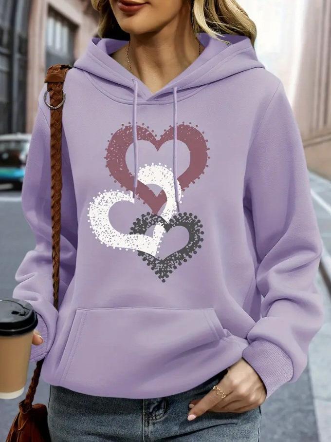 Women's Heart Print Hooded Sweatshirt with Pockets - Comfortable Long Sleeve Casual Wear