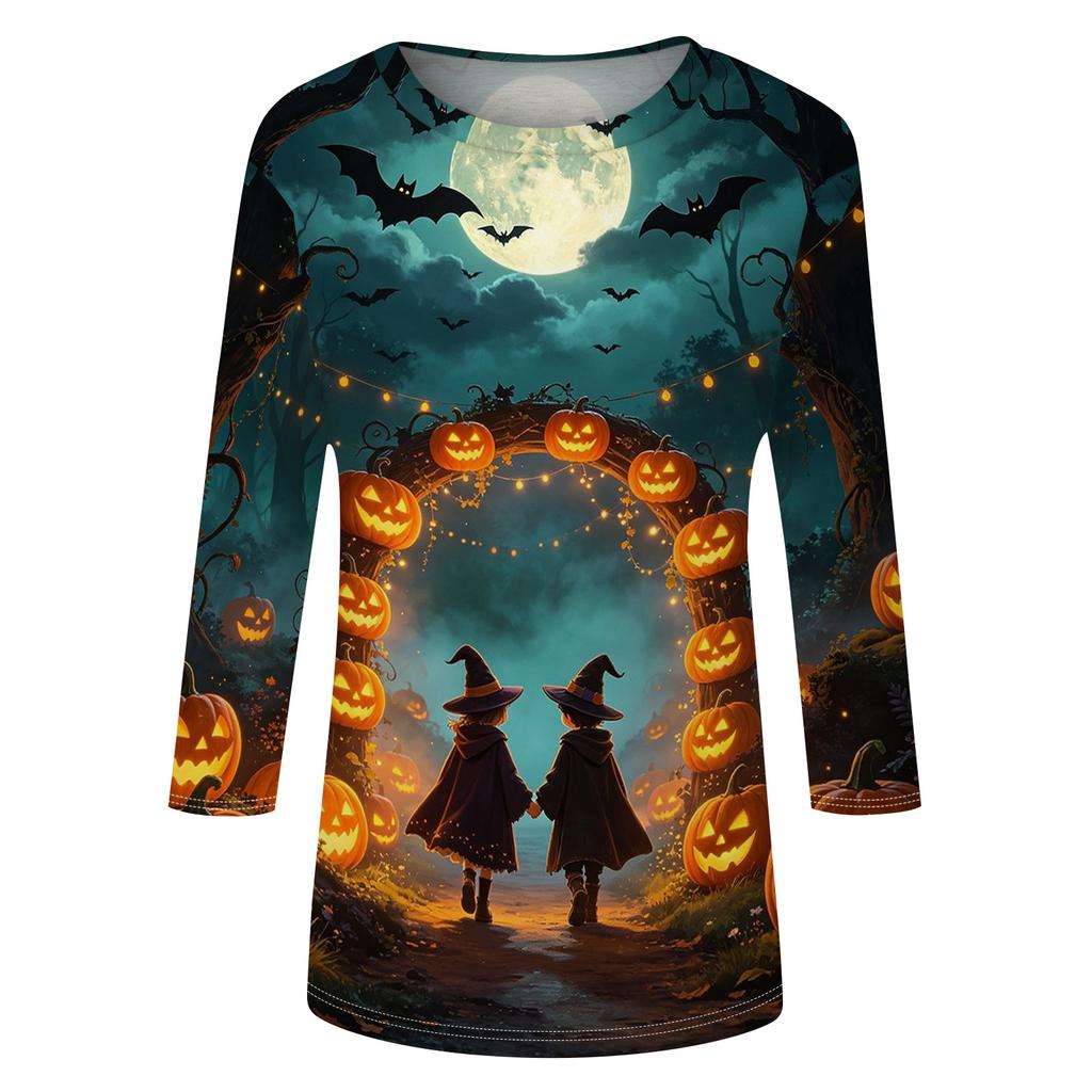 Women’s Casual Three Quarter Sleeve Crew Neck Top Tie Dye Halloween Themed Print Relaxed Fit Soft Fabric for Daily Wear