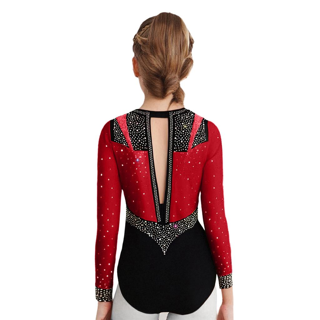 Girls Gymnastics Leotard Long Sleeve Keyhole Back Shiny Rhinestones Figure Skating Dancewear