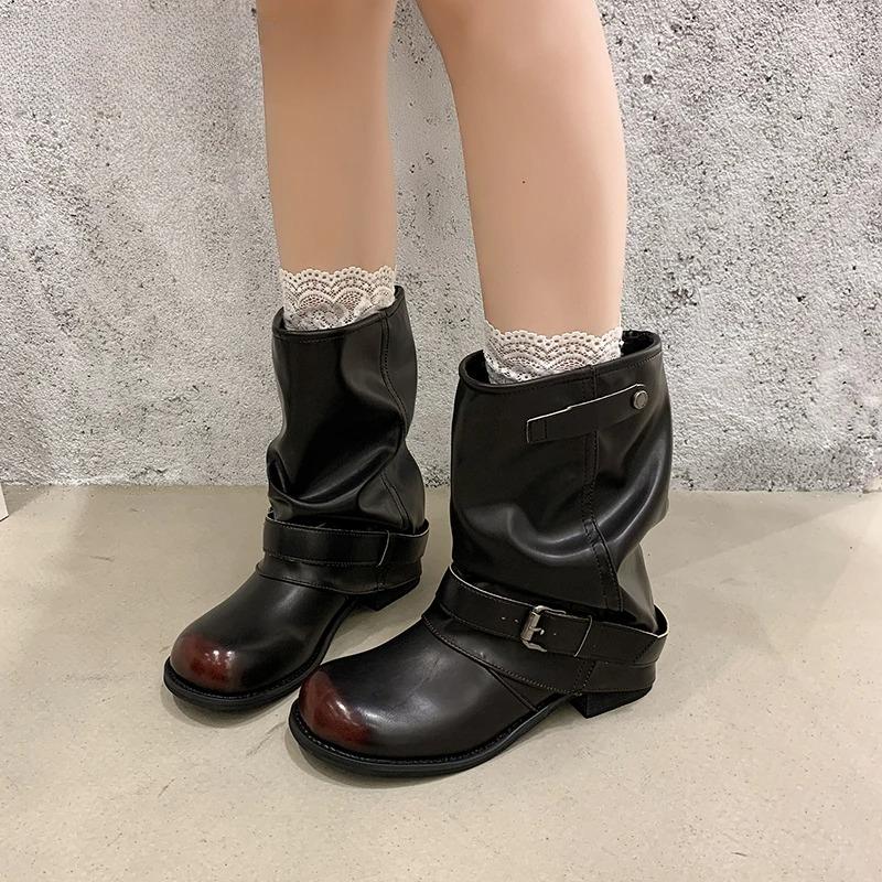 Autumn Winter Thick Heel Women Western Cowboy Boots Fashion Belt Buckle Slip On Shoes Ladies Vintage Pleated Short Booties