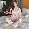 Sweet And Cool Girl Ice Silk Pajamas Women'S Summer Short-Sleeved Trousers Casual Lazy Style Loungewear Can Be Worn Outside