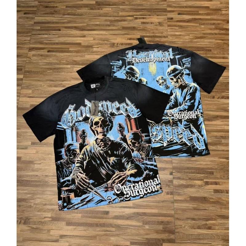 Mens Oversized Graphic Tee With Skull Print Washed Vintage Cotton T-Shirt Loose Fit Short Sleeve Crew Neck