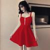 Chic New Style Internet Celebrity A-Line Suspender Dress: Slim Fit, Ruched, Low-Cut, Zipper, Elegant Short Skirt
