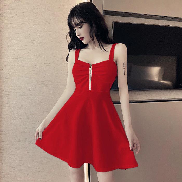 Chic New Style Internet Celebrity A-Line Suspender Dress: Slim Fit, Ruched, Low-Cut, Zipper, Elegant Short Skirt