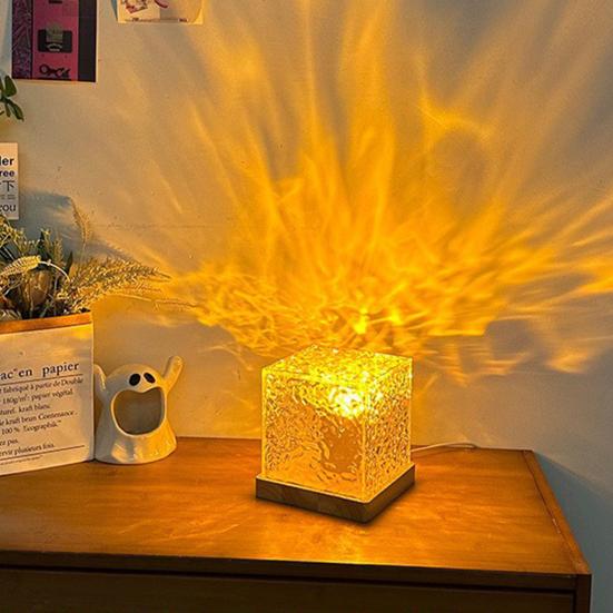 Ocean Wave Projector Lamp Night Light Remote Control 16-Colors Gradual Rotating Flame Water Lamp with Wooden Base