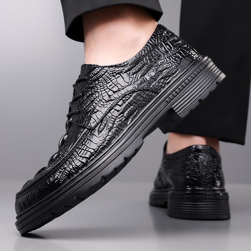 Men's Formal Casual Leather Shoes - Embossed Crocodile Pattern, Genuine Cowhide, Low-Top for Spring Workplace.