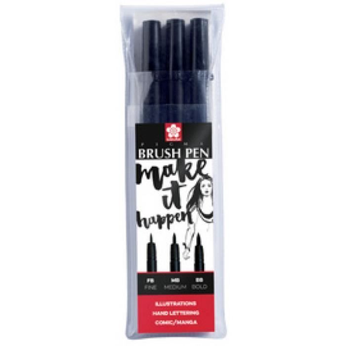 Stylo pinceau - SAKURA - PIGMA BRUSH - Tui de 3 - Couleur noire - Pointe fine