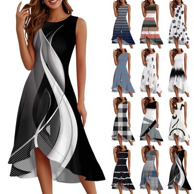 Women's Fashion Casual Zip Sleeveless Round Neck Printed Elegant Temperament Ruffle Gown Dresses