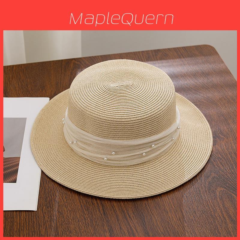 French Lace Pearl Straw Hat Summer Sun Protection Wide Brim For Beach Outings