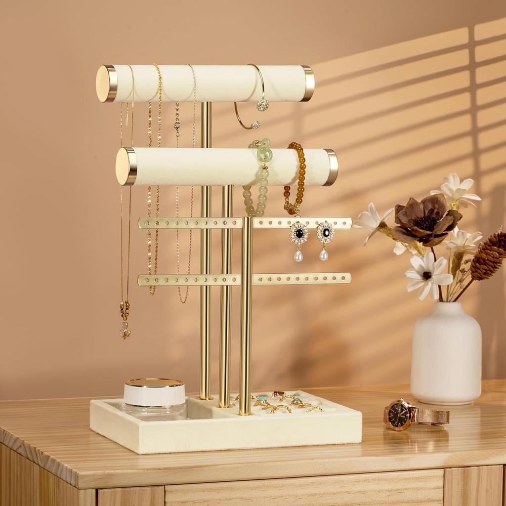 Space Saving T Shaped Jewelry Display Stand with Detachable Layers Metal and Wood Construction for Earrings Rings