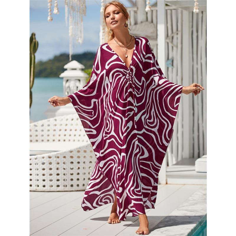 Damen Kleid Bedrucktes Strandkleid Lockeres Übergröße Urlaubs-Bikini-Oberhemd