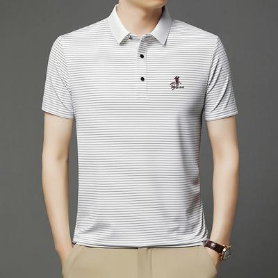 Machine Washable Men'S Ice Silk Seamless Short-Sleeved T-Shirt Business Casual Lapel Striped Polo Shirt