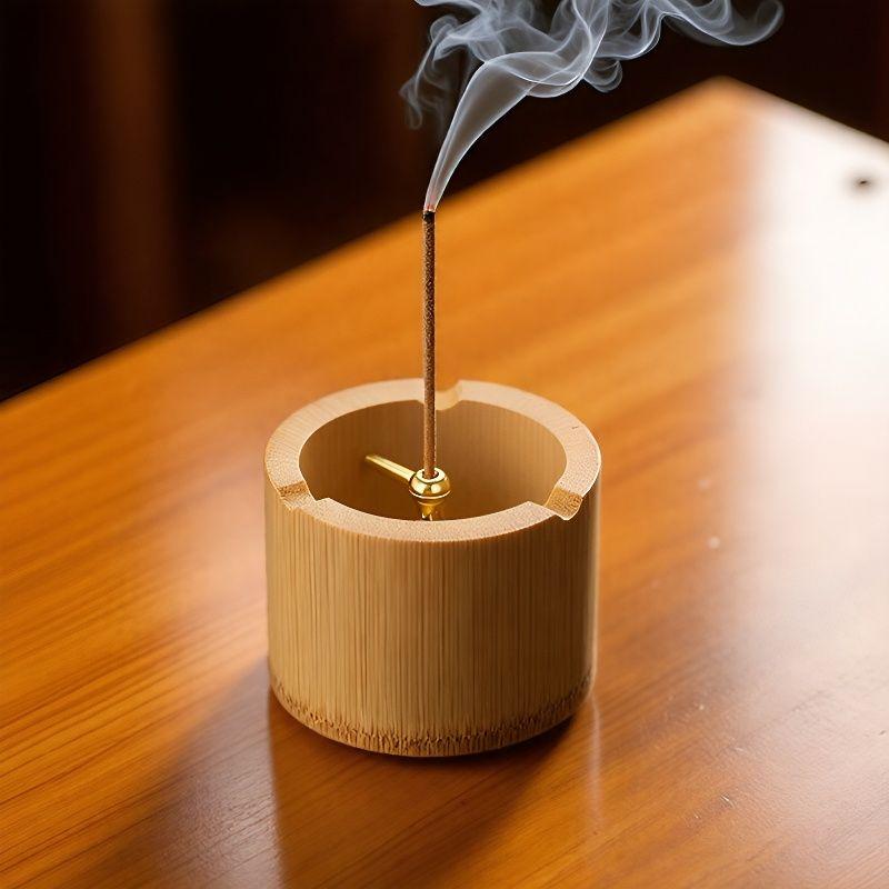 Natural Bamboo Incense Burner Metal Cord Lock Incense Holder with Bamboo Ash Catcher for Home Decor Yoga Meditation