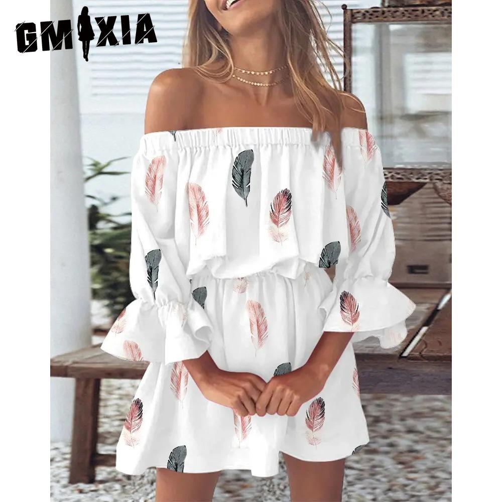 GMXIA Women Floral Print Mini Dress Summer Sexy Off Shoulder Flare Sleeve Tunic Dress Female Casual Boho Beach Dress