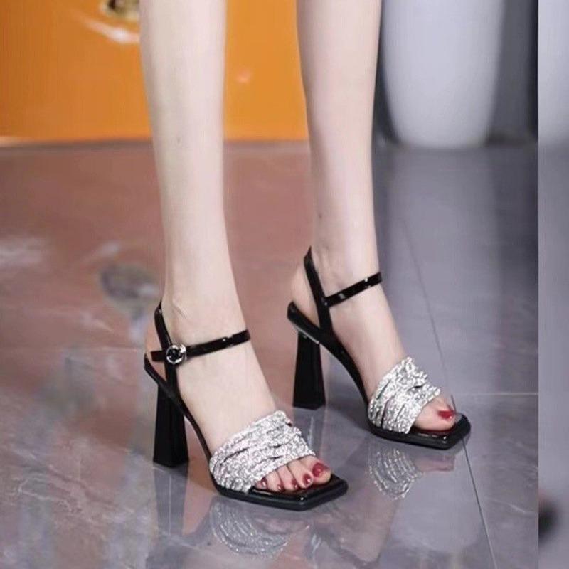 Fashion Slip Strap Square Heel Sandals Summer New Square Toe Open Toe Rhinestone Slender Strap Anti-slip Wear-resistant High Heels