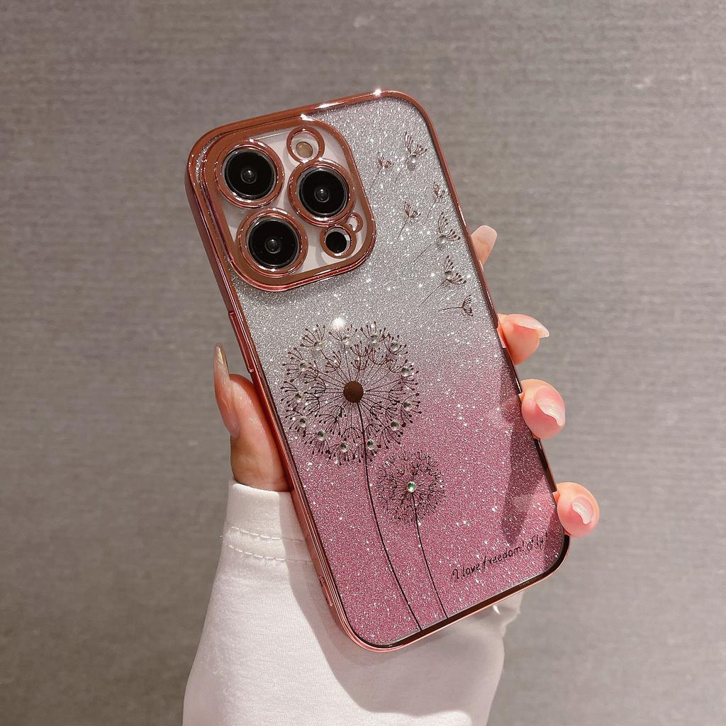 Suitable for IPhone16 Cases with Gradient Glitter, 15 Electroplated Dandelion Dot Diamond, and Transparent Tpu Soft for Apple 14pro