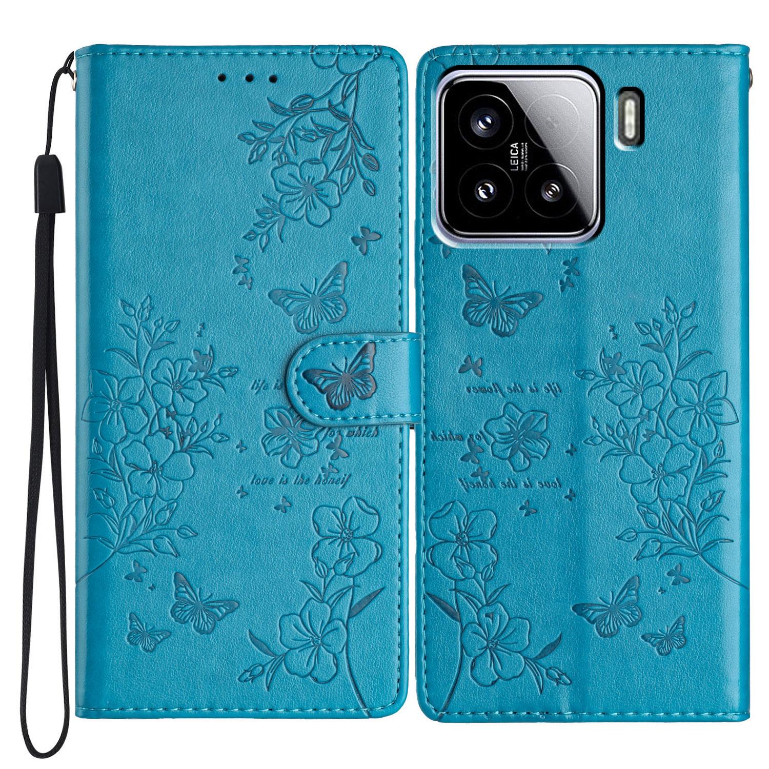 

For Xiaomi 15 Wallet Phone Case Butterfly Floral Imprint Leather Flip Cover Blue