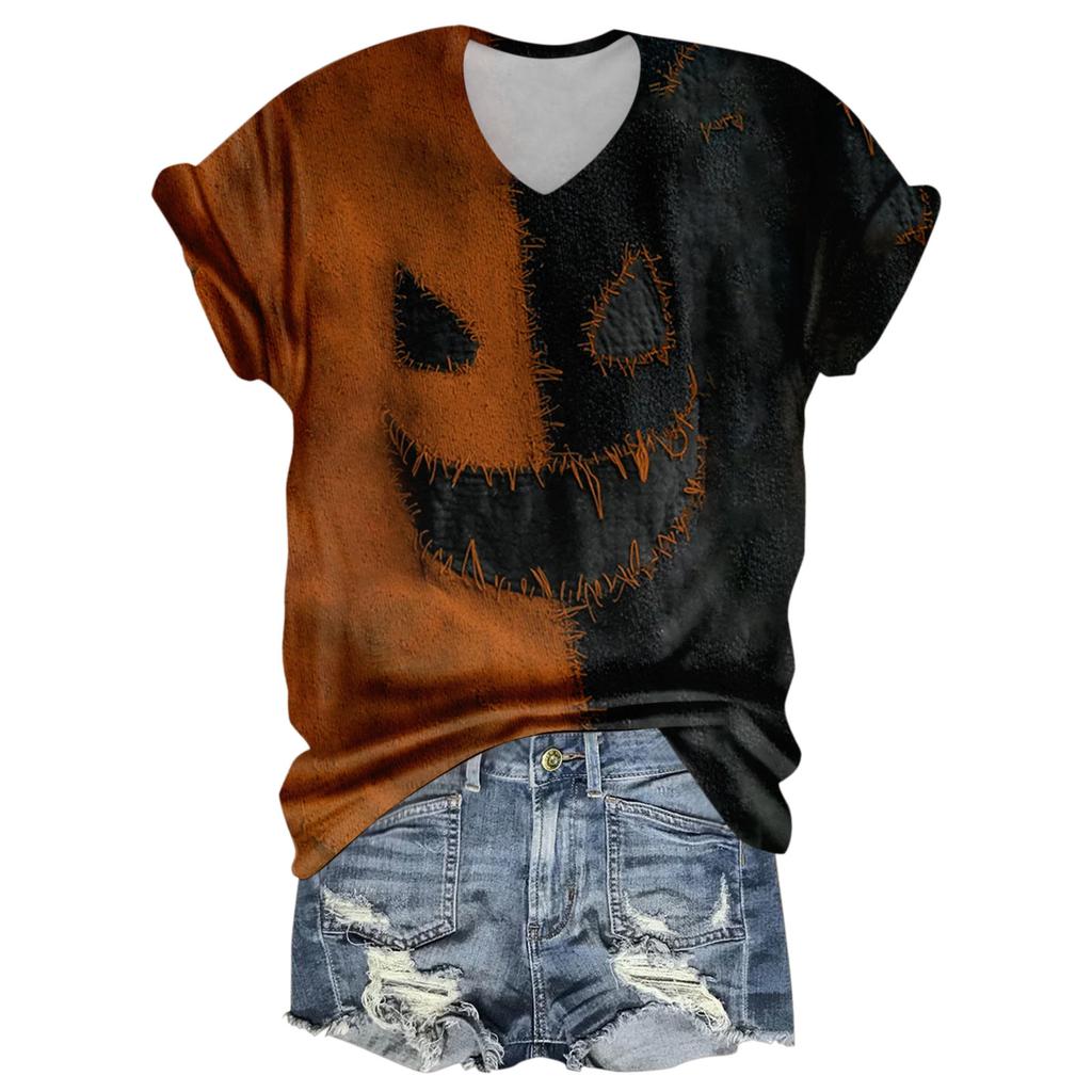 Women's Fashion Casual Three-quarter Sleeve Halloween Letters,  Face Print Top