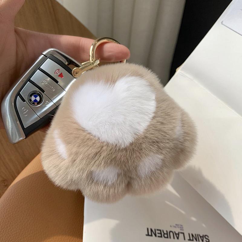 Kitten Paw Rex Rabbit Fur Keyring Pendant - Cute Plush Ball Bag Charm Birthday Gift