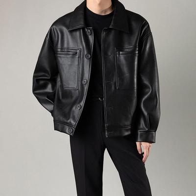 Jaqueta de Motociclista Masculina Retrô em Couro PU - Gola Lapela Estilo Coreano, Corte Casual Solto para Primavera e Outono
