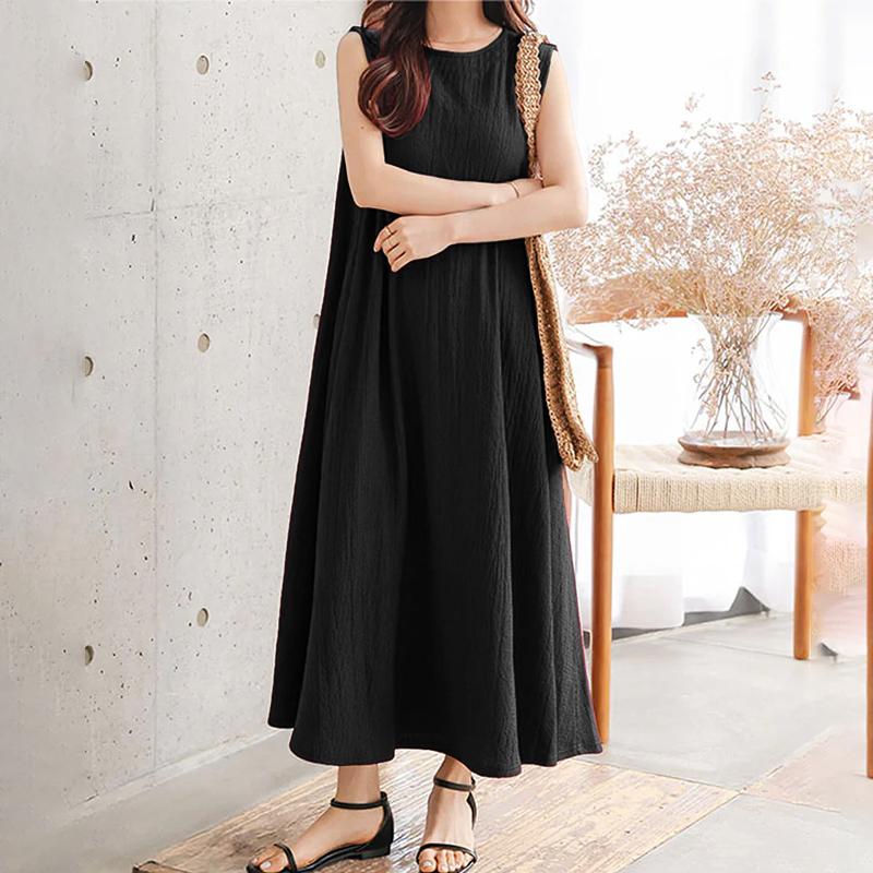ZANZEA Rochie Casual de Vară Femei cu Gât Rotund, Largă, Fără Mâneci