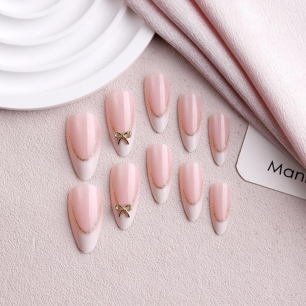 European & American Nude Pink Bowknot Almond French Nails with Gold Edge