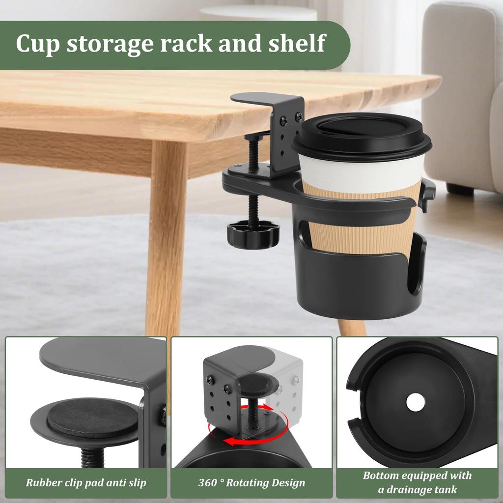 Desk Cup Holder Clamp Adjustable Clip on Coffee Cup Drink Bottle Storage Rack 360° Rotating Upgraded Arm for Desk Home Office