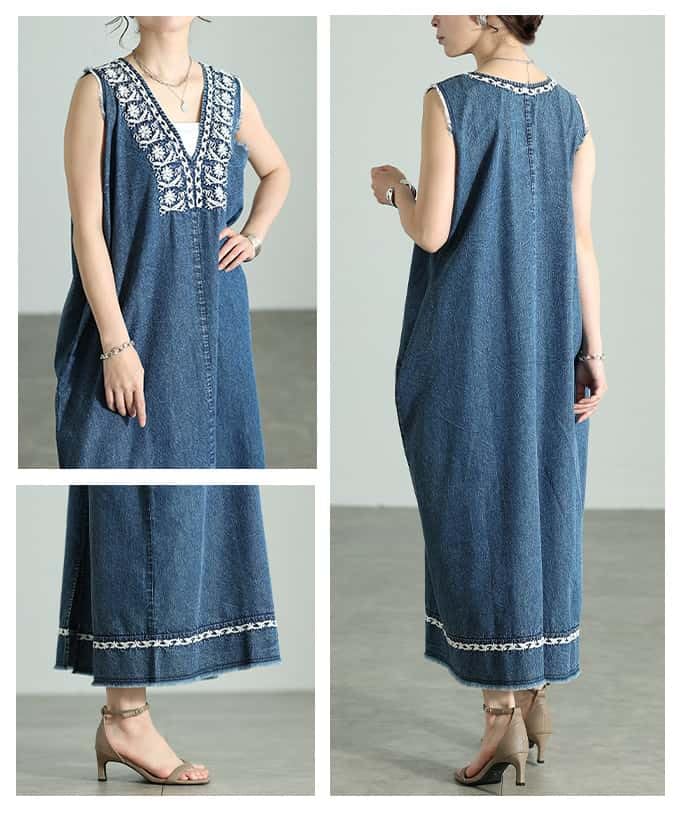 la Cool and stylish embroidered fringed hem Indian cotton dress for Long length sleeveless cotton dress with embroidery and fringed Casual style for