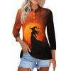 Women's Fashion Casual Lapel Short 3/4 Sleeve Halloween Print Shirt Women's Button Up Tops
