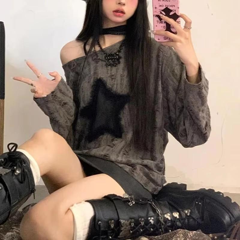 Y2K Hole Star Print T-Shirt Women Fashion Streetwear Off Shoulder Tops Summer Oversized Kpop Long Sleeve Loose Tees Ladies
