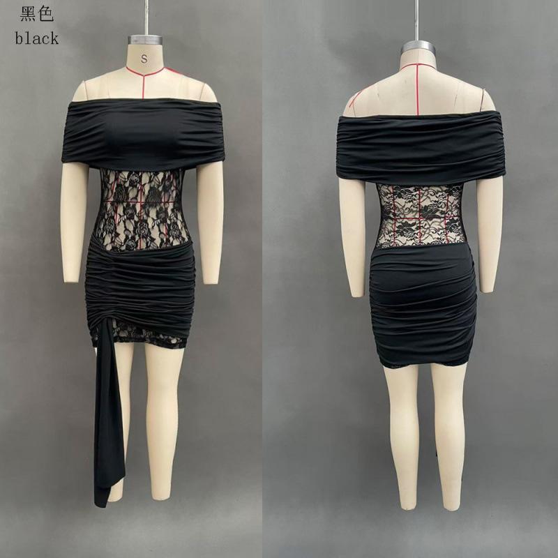 Europe, America, New, Mesh Hollow Splicing Elastic Pleated One-word Collar Tube Top Slim Dress