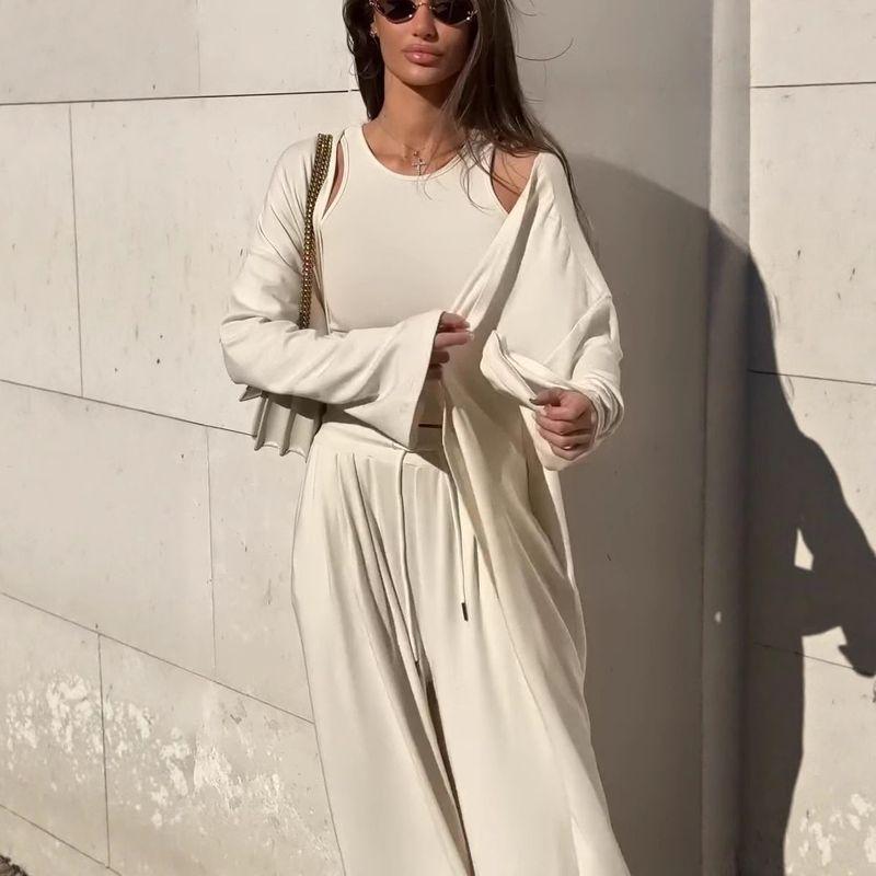 New European and American Women Clothes Vest Long Sleeve Outerwear Wide Leg Pants Temperament Commuter Set