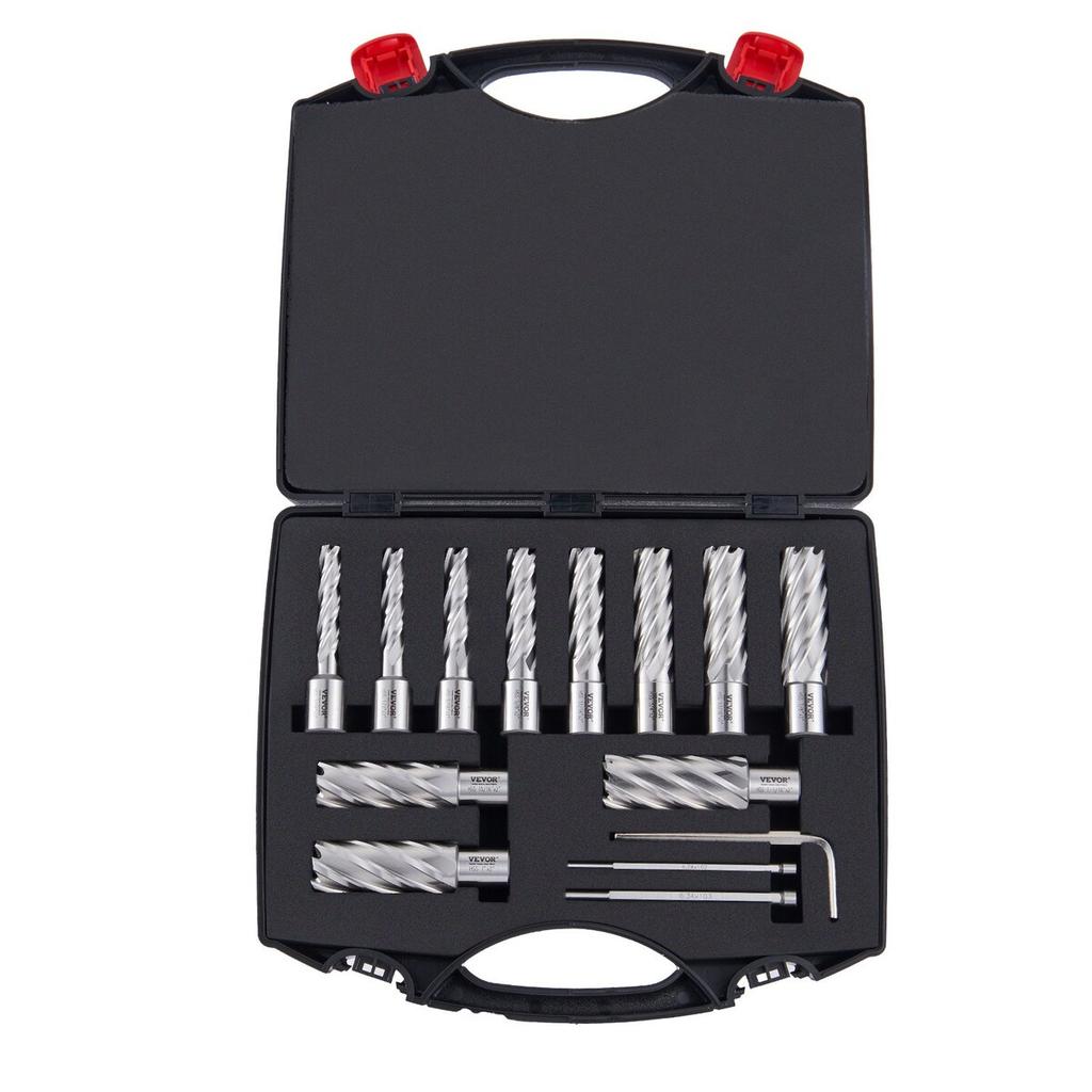 Annular Cutter Set, 13 pcs Weldon Shank Mag Drill Bits, 2" Cutting Depth, 7/16" to 1-1/16" Cutting Diameter, M2AL HSS, with 2 Pilot Pins, Hex Wrench