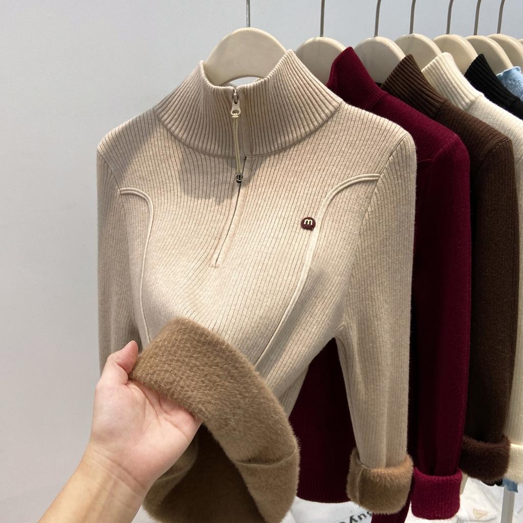 Spring Collar Basic Bottoming Shirt Top Women's Fleece Thickened Integrated Fleece with Warm Knitted Sweater