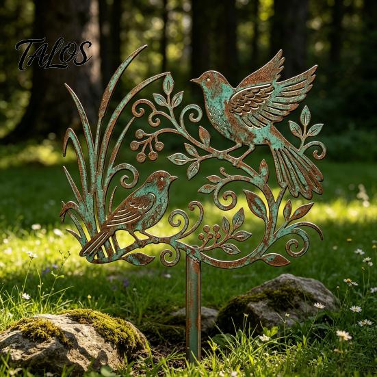 Rustic Copper Bird Statue Metal Garden Stake, Weather Resistant Iron Yard Art Ornament, Figurine Retro Patina Finish Sign for Outdoor Lawn Decor