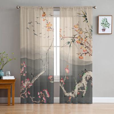 Chinese Painting Plum Blossom Landscape Sheer Curtains For Living Room Bedroom Kids Room Tulle Window Treatment Drapes