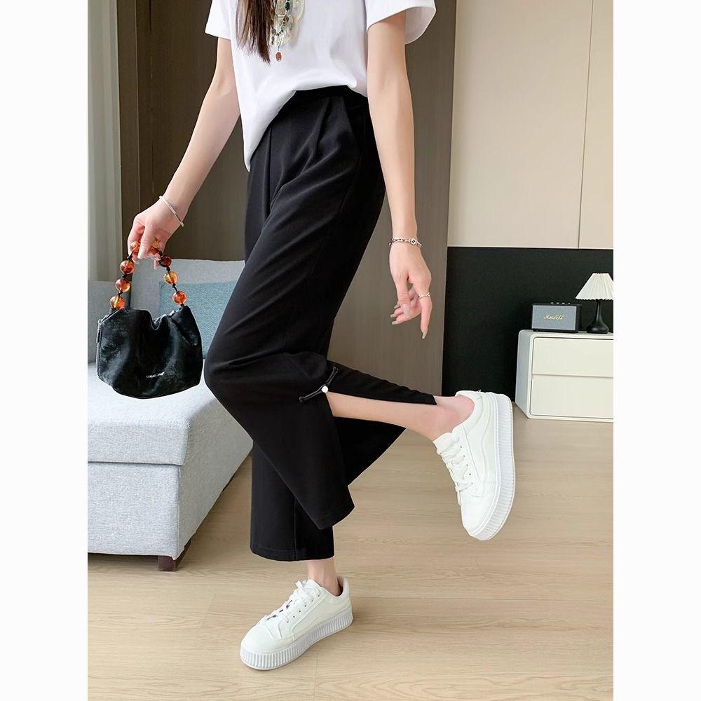 2026 Women's Chinese Style Wide-Leg Slit Pants - Summer, Loose, Slimming, Drape, Plus Size, Nine-Point Length