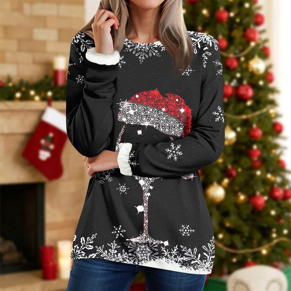 Women's Round Neck Top Printing Thickened Plush Cashmere Warm Long Top
