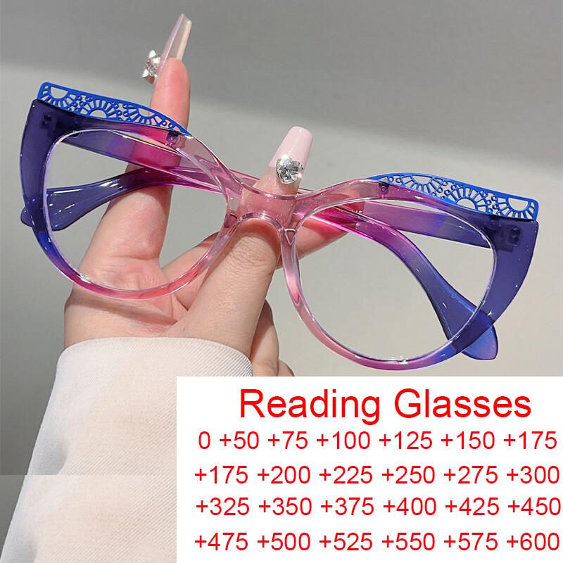 Fashion Gradient Purple Cat Eye Reading Glasses Women Luxury Designer Far Sight Optical Eyewear Prescription Chunky Glasses