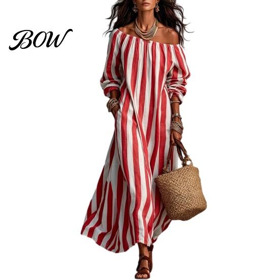 Long Sleeve Dress Summer Women Striped Dress, Off Shoulder Casual Soft Ankle Length Loose Swing with Side Pocket Comfortable Beach